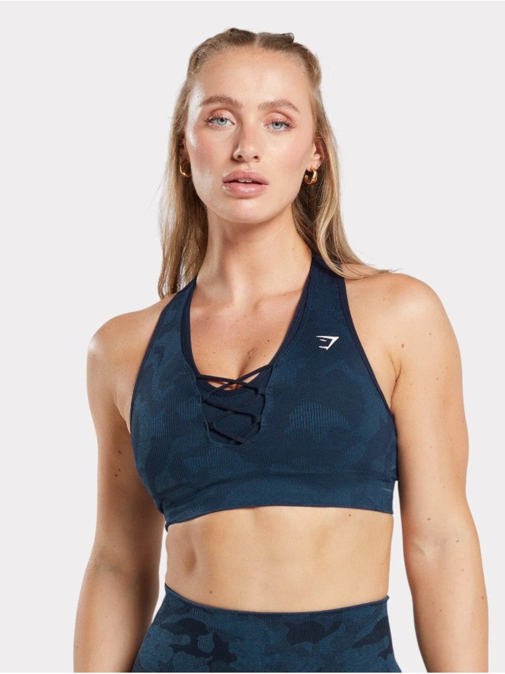 Gymshark Lace-Up High Neck Sports Bra in Navy Camo Print S